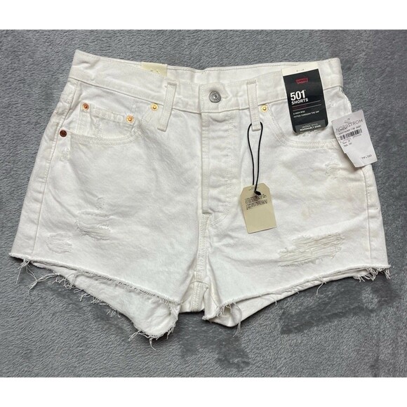 Levi's Premium 501 High Rise Distressed Off-White Denim Shorts Women's Sz 29 - Picture 3 of 15
